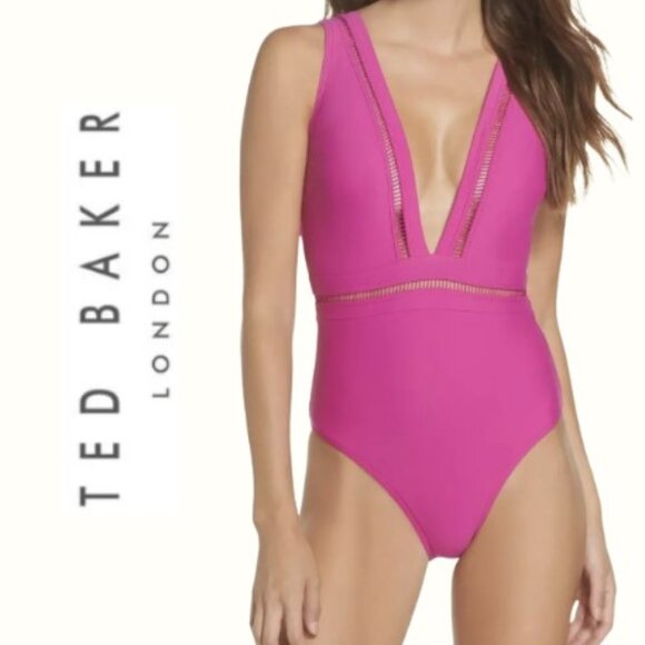 NWT Ted Baker Pointelle Deep V One-Piece Swimsuit in 55-Fuchsia, Size 2 - Picture 1 of 5